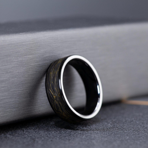 Men’s Ceramic Ring with Carbon Fiber Inlay – Black Gold Wedding Band, Unique Gift for Him