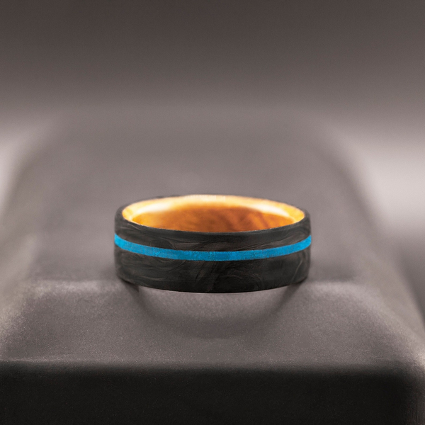 Blue turquoise inlay ring with reclaimed whiskey barrel wood