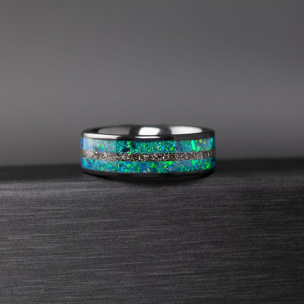 Men’s Wedding Band with Meteorite and Opal – Ceramic Galaxy Ring, Gift for Him