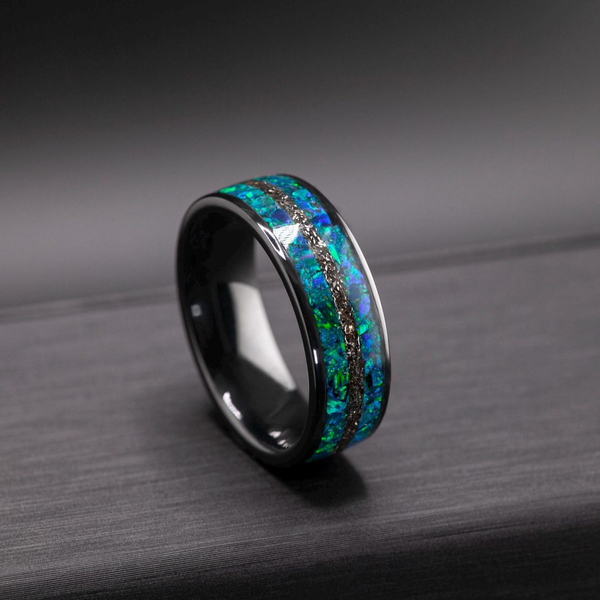 Men’s Wedding Band with Meteorite and Opal – Ceramic Galaxy Ring, Gift for Him