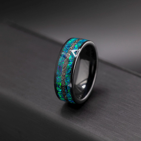 Men’s Wedding Band with Meteorite and Opal – Ceramic Galaxy Ring, Gift for Him