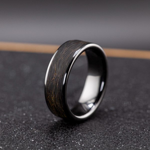 Men’s Ceramic Ring with Carbon Fiber Inlay – Black Gold Wedding Band, Unique Gift for Him