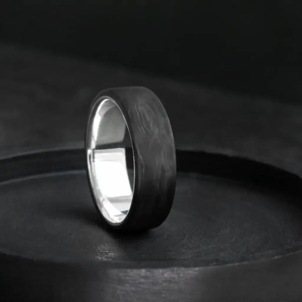 Sterling Silver Carbon Fiber Ring, Modern Gift Ring.