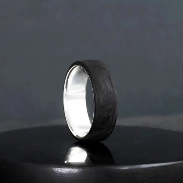 Sterling Silver Carbon Fiber Ring, Modern Gift Ring.