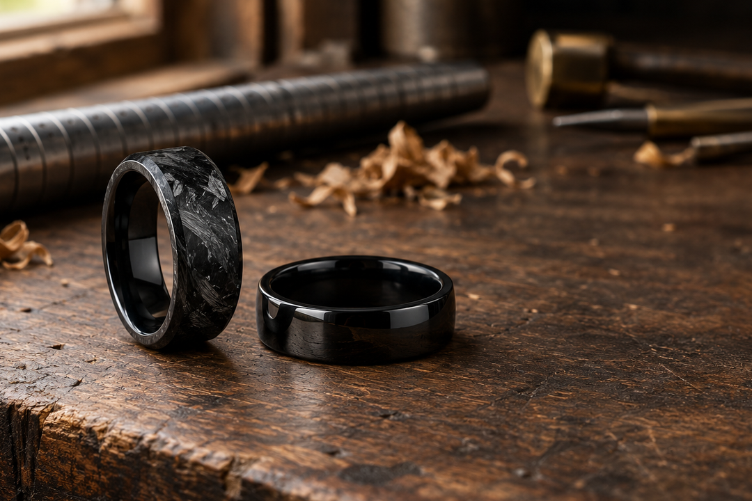 Men's black wedding bands in forged carbon fiber and black ceramic on a jeweler's workbench