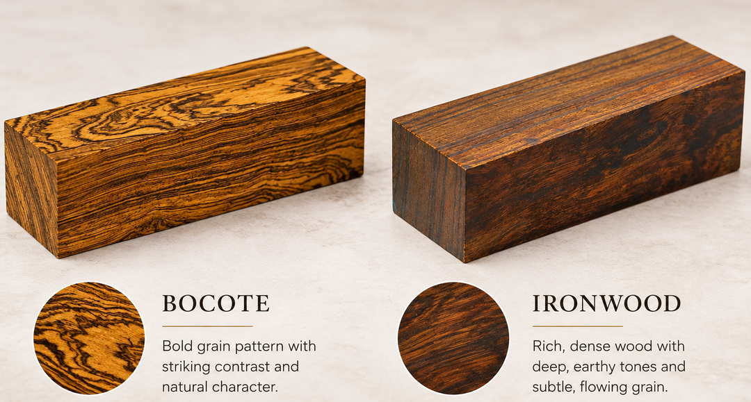 Ironwood, bocote and California redwood wood samples for men's wedding bands