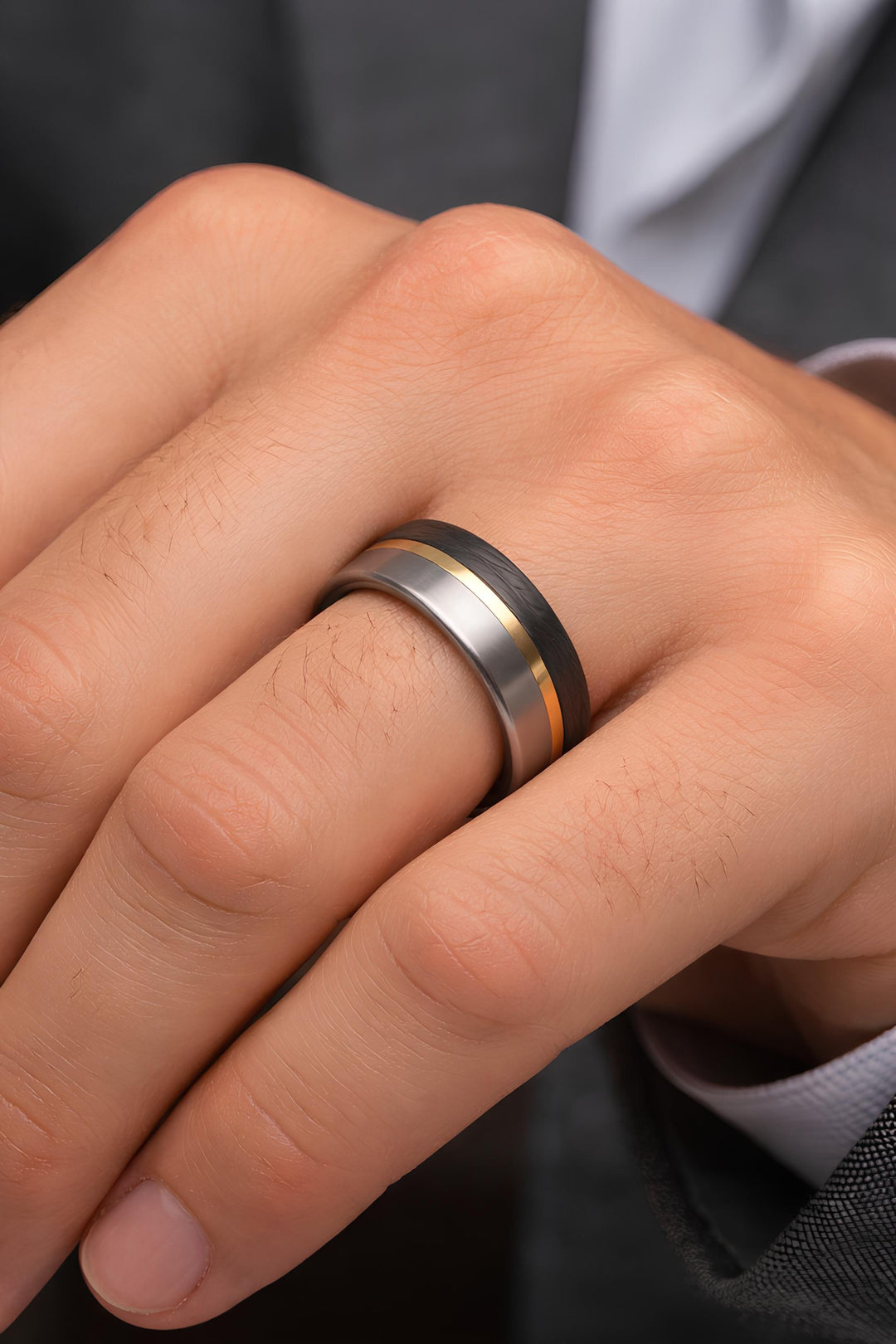 Boyfriend gift titanium carbon fiber ring with gold brass inlay made to order