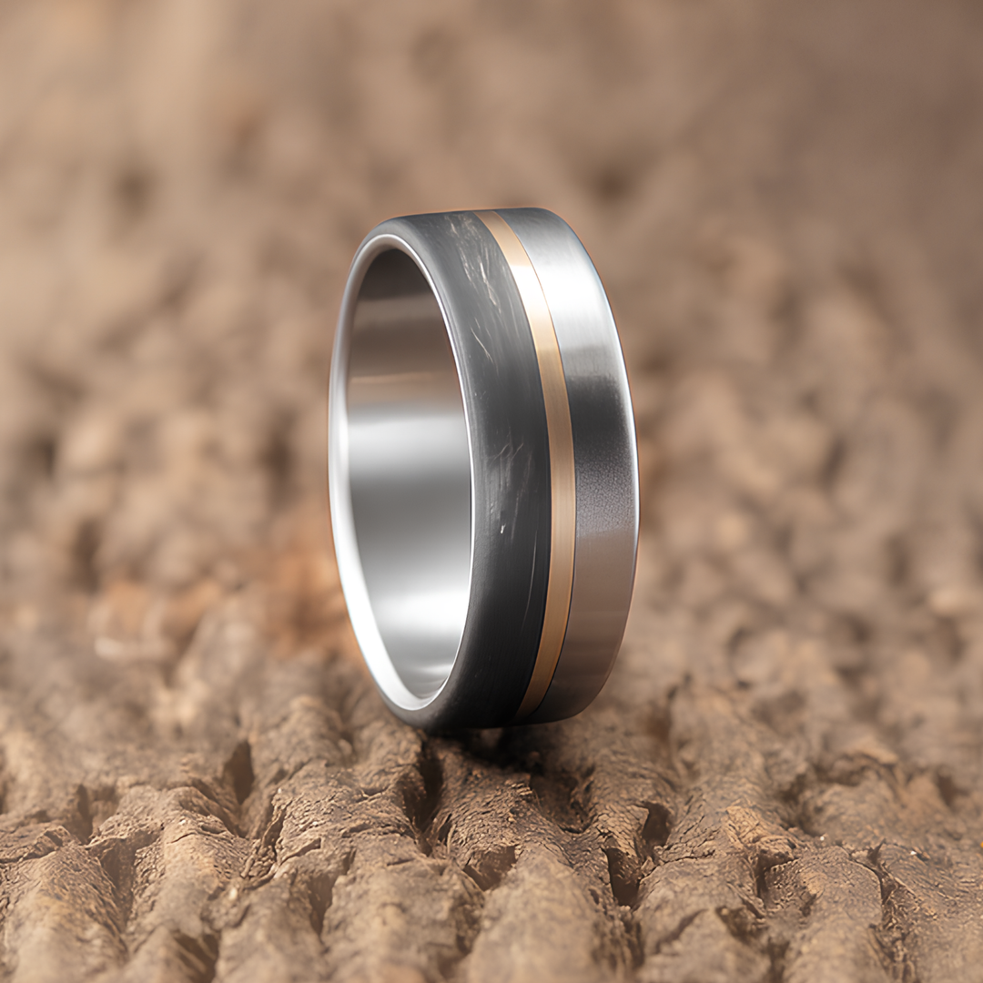 Titanium carbon fiber ring with brass inlay, side view showing polished interior and 8mm width