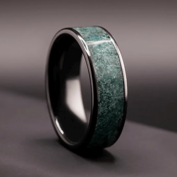 Black Ceramic Moss Agate Ring 