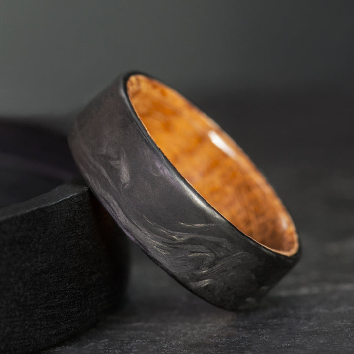 Carbon fiber mens wedding band side profile - whiskey barrel wood inlay