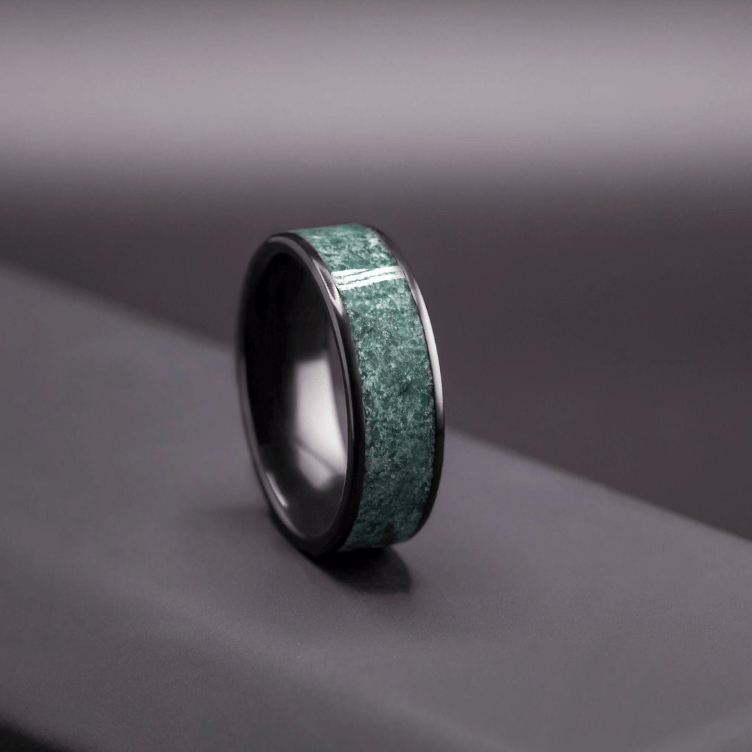 Black Ceramic Men’s Wedding Band with Green Moss Agate – Bold, Organic Wedding Ring - BerchJewelry