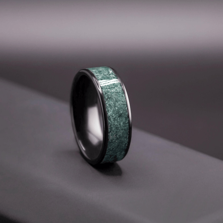 Black Ceramic Men’s Wedding Band with Green Moss Agate – Bold, Organic Wedding Ring - BerchJewelry