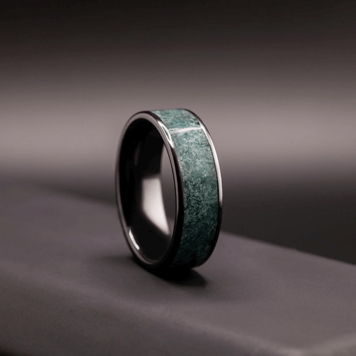 Black Ceramic Men’s Wedding Band with Green Moss Agate – Bold, Organic Wedding Ring - BerchJewelry
