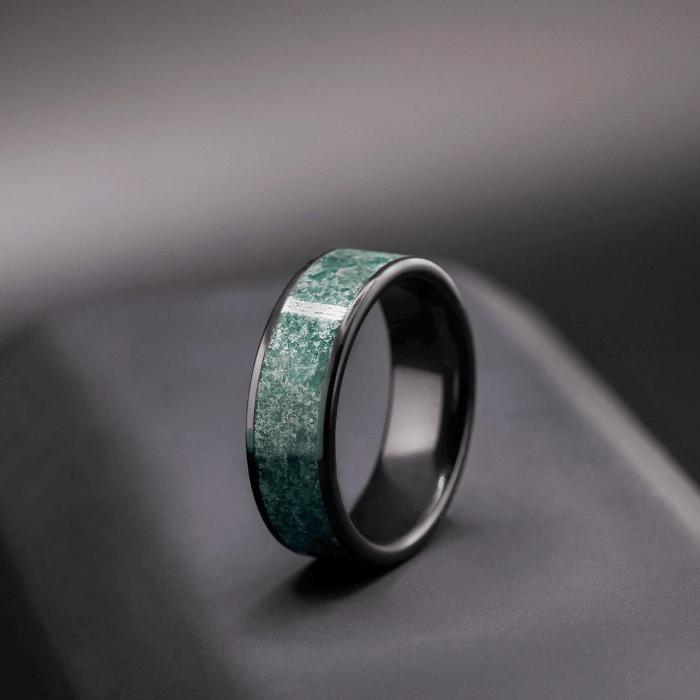 Black Ceramic Men’s Wedding Band with Green Moss Agate – Bold, Organic Wedding Ring - BerchJewelry