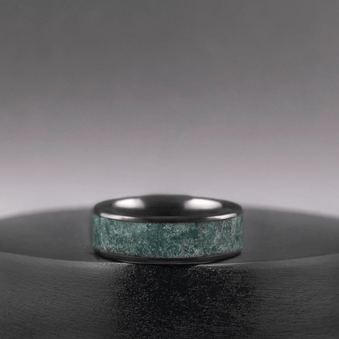 Black Ceramic Men’s Wedding Band with Green Moss Agate – Bold, Organic Wedding Ring - BerchJewelry