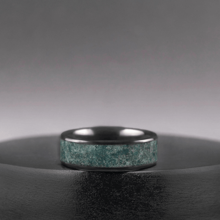 Black Ceramic Men’s Wedding Band with Green Moss Agate – Bold, Organic Wedding Ring - BerchJewelry