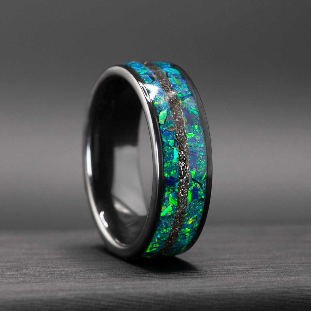 Handmade black ceramic ring with genuine Campo del Cielo meteorite and crushed blue opal set into its center channel