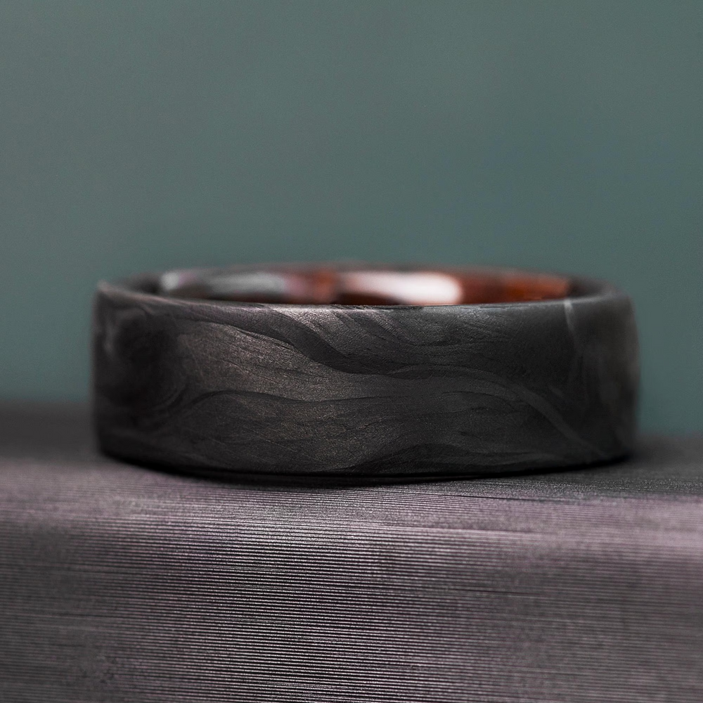 Mens Carbon Fiber Ironwood Wedding Band with Forged Design and Ironwood Interior