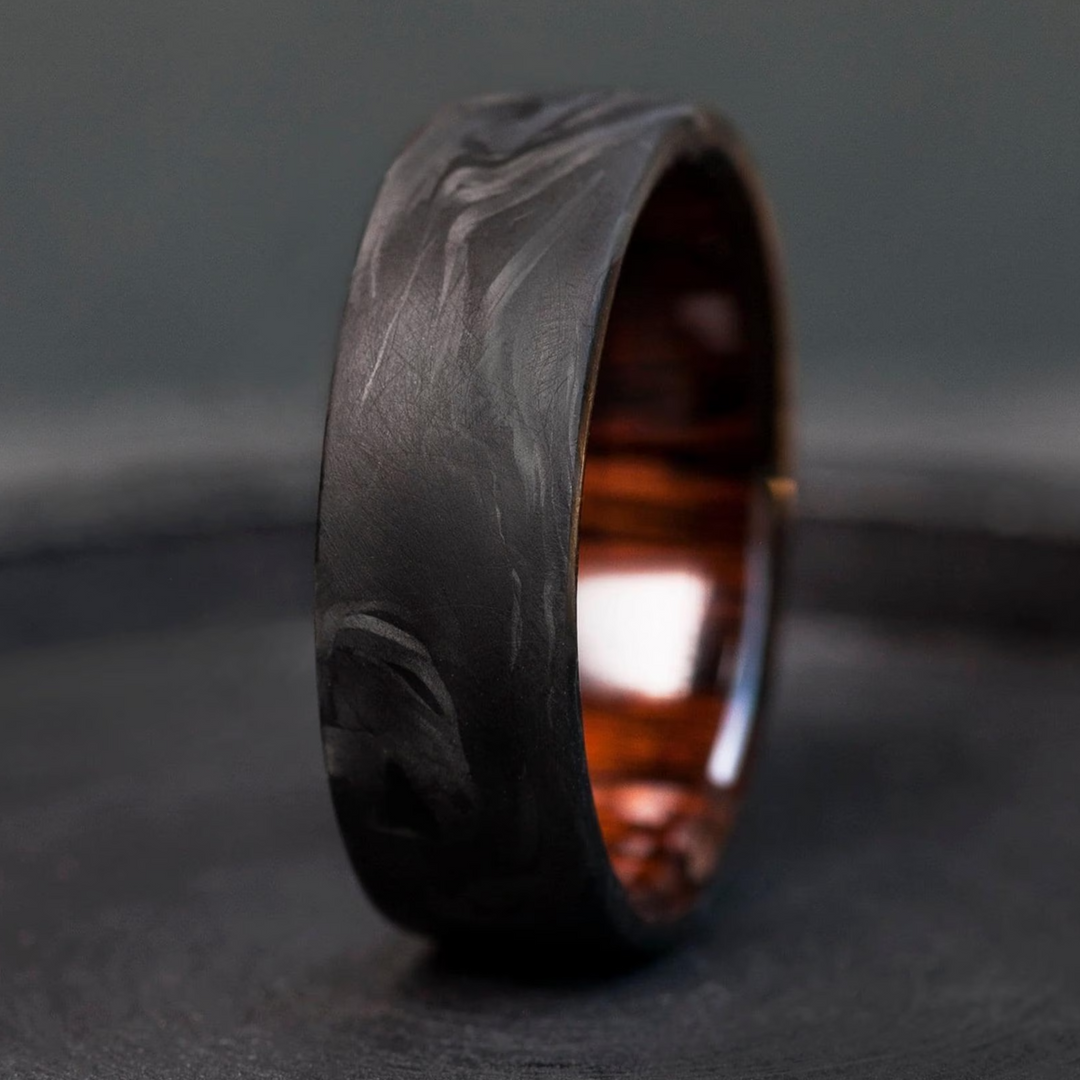 Forged carbon fiber ring with ironwood interior - dark hardwood sleeve - mens handcrafted wedding band