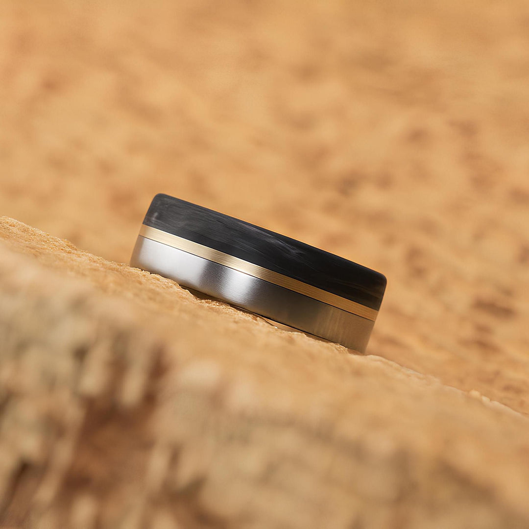 Wedding ring men titanium carbon fiber brass inlay bold modern design 8mm