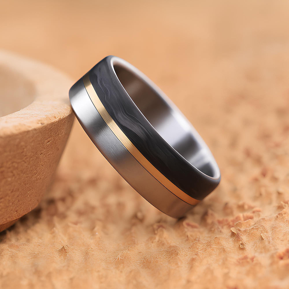 Mens titanium wedding ring carbon fiber brass stripe polished comfort fit