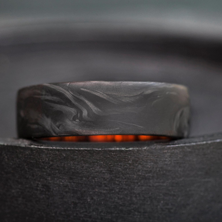 Forged carbon fiber mens wedding band side profile - ironwood wood interior