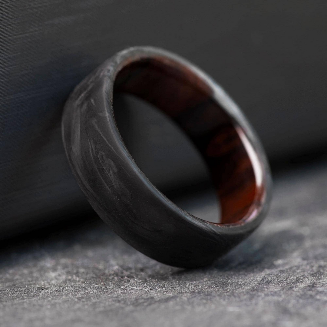 Mens Carbon Fiber Ironwood Wedding Band with Forged Design and Ironwood Interior