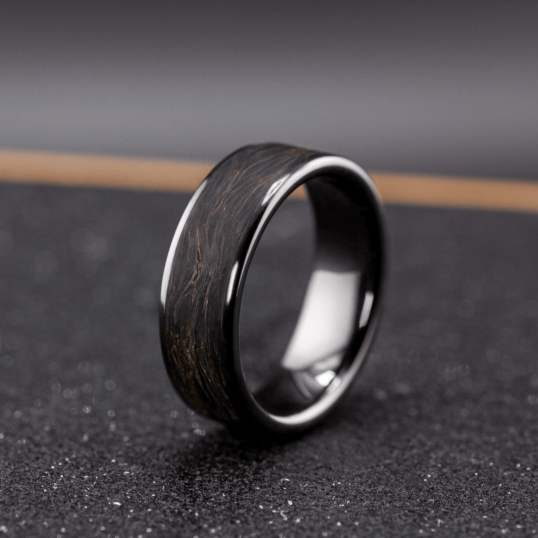 Men’s Ceramic Ring with Carbon Fiber Inlay – Black Gold Wedding Band, Unique Gift for Him - BerchJewelry