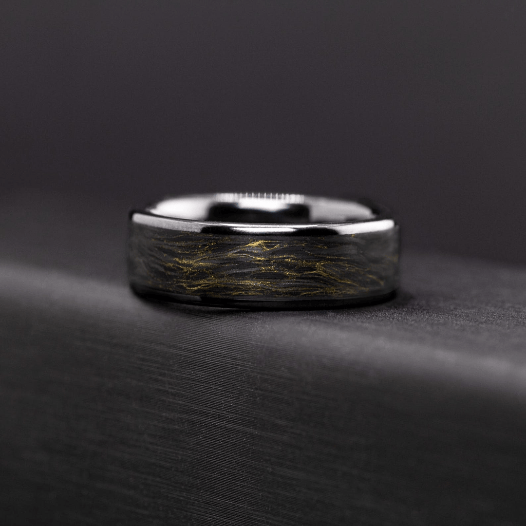 Men’s Ceramic Ring with Carbon Fiber Inlay – Black Gold Wedding Band, Unique Gift for Him - BerchJewelry