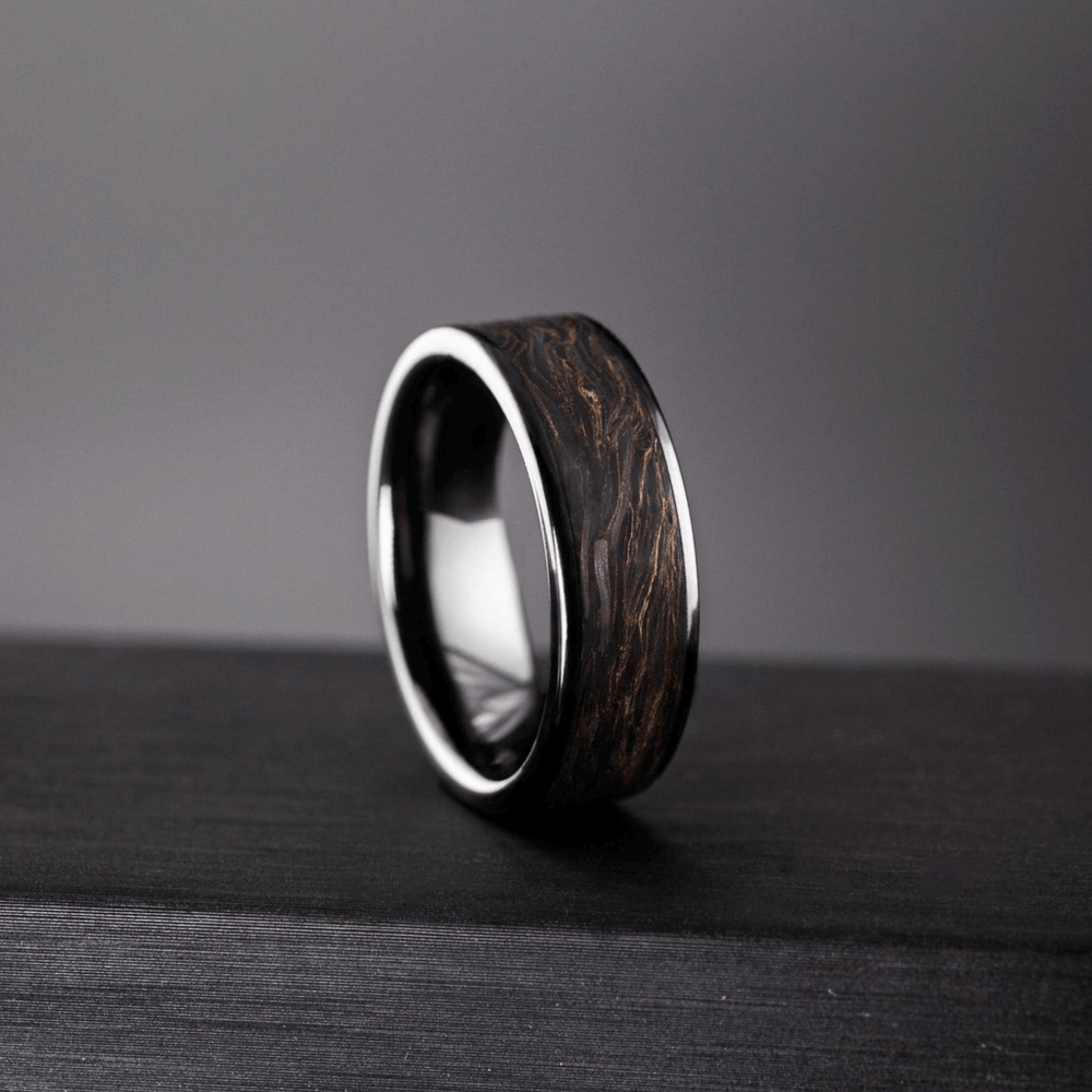 Black ceramic carbon fiber wedding band with gold leaf flakes - mens handcrafted ring - matte black and gold