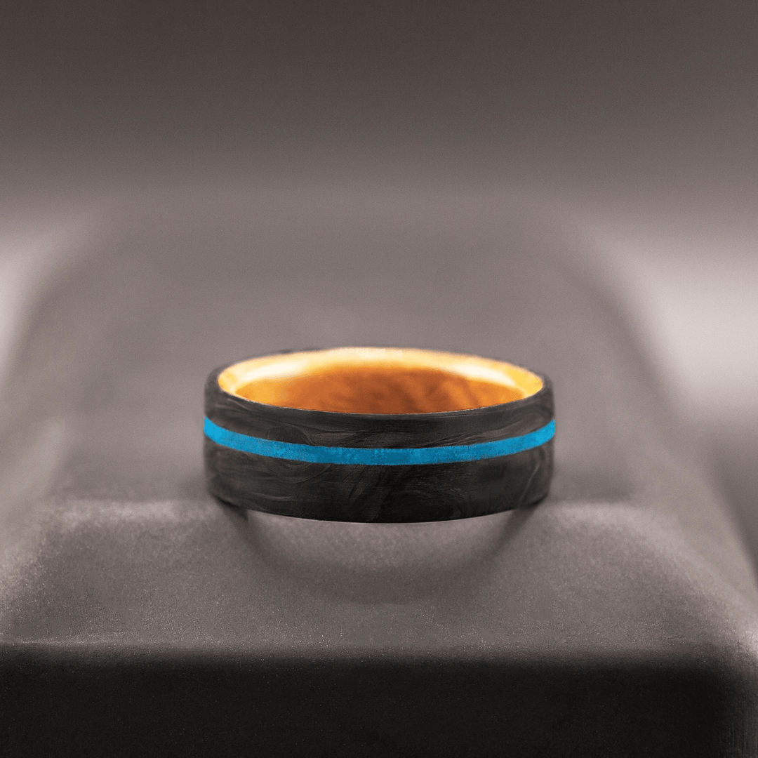 Mens Wedding Band Carbon Fiber Ring with Blue Turquoise Inlay - BerchJewelry