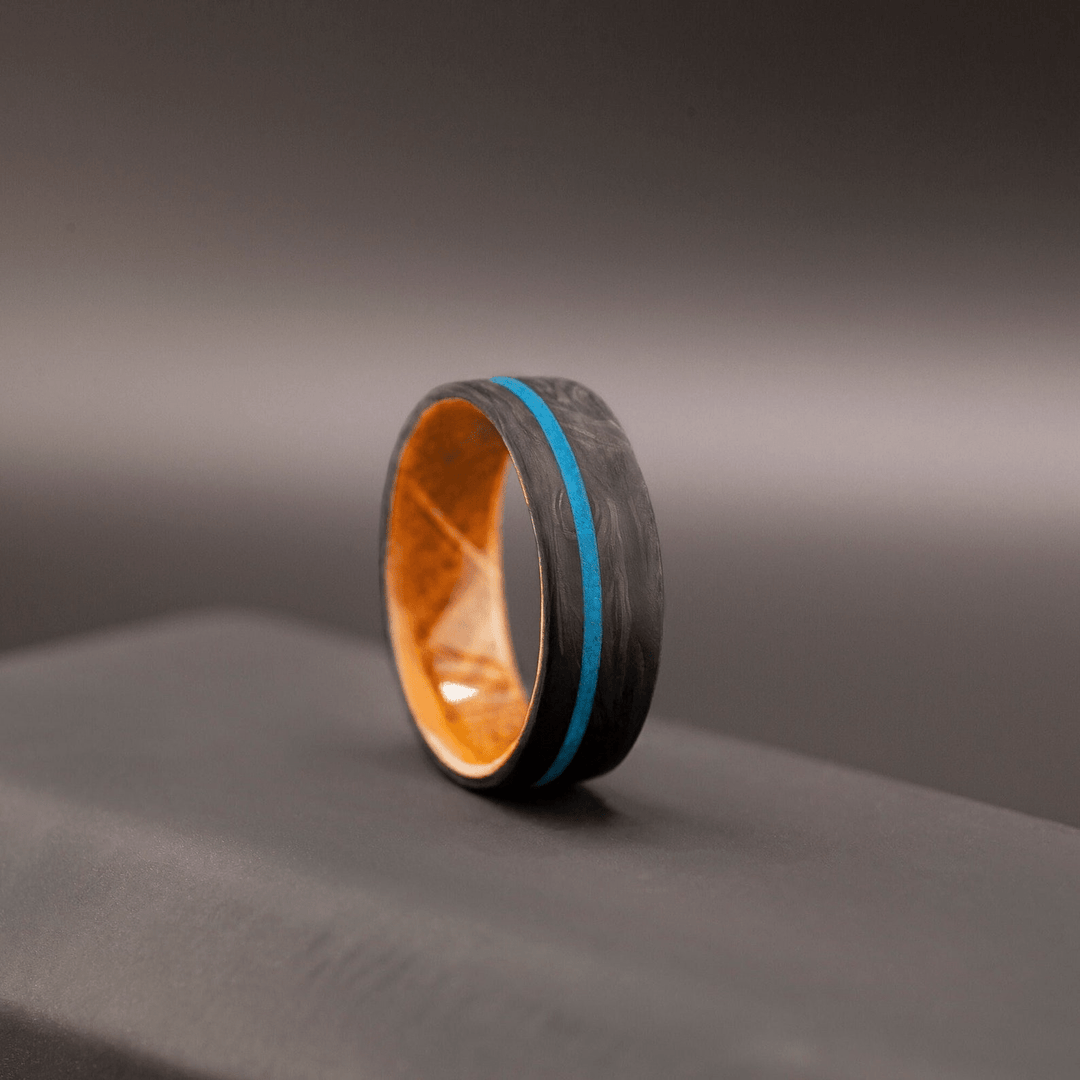 Mens Wedding Band Carbon Fiber Ring with Blue Turquoise Inlay - BerchJewelry