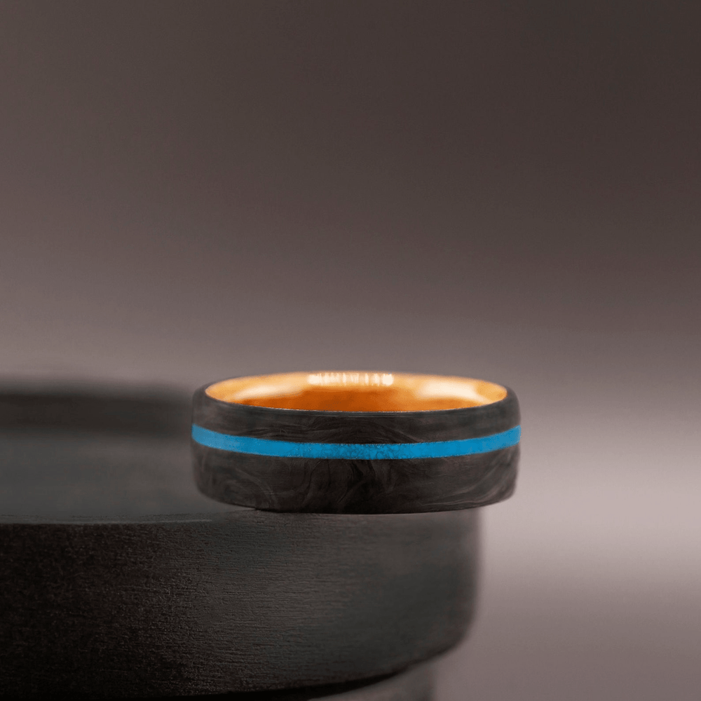 Mens Wedding Band Carbon Fiber Ring with Blue Turquoise Inlay - BerchJewelry
