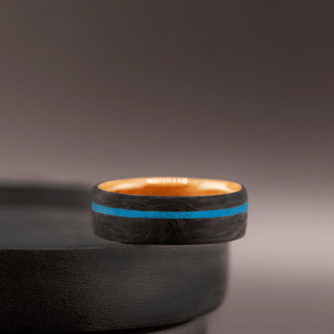Mens Wedding Band Carbon Fiber Ring with Blue Turquoise Inlay - BerchJewelry
