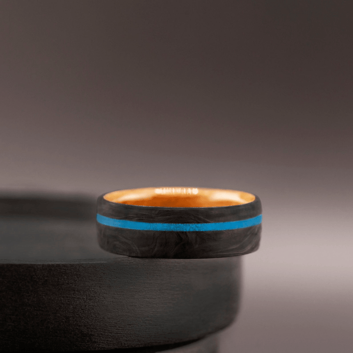Mens Wedding Band Carbon Fiber Ring with Blue Turquoise Inlay - BerchJewelry