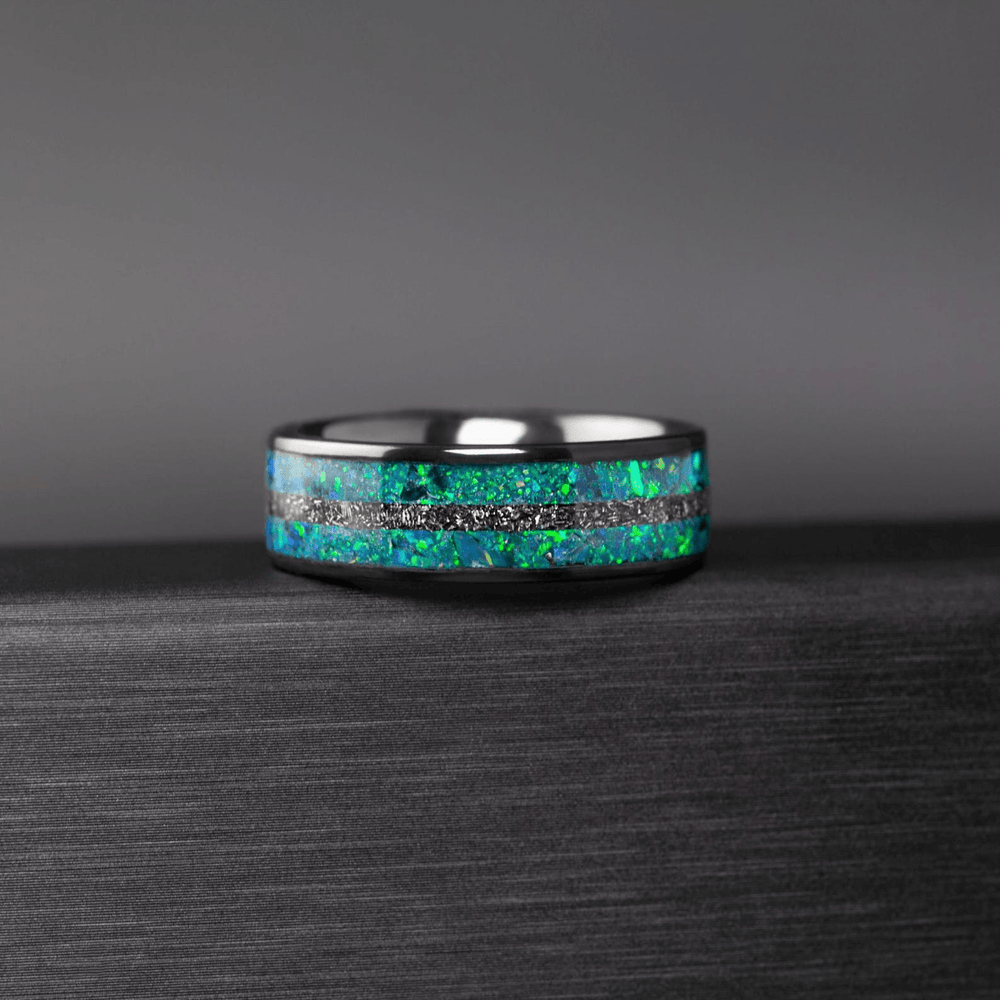 Men’s Wedding Band with Meteorite and Opal – Ceramic Galaxy Ring, Gift for Him - BerchJewelry