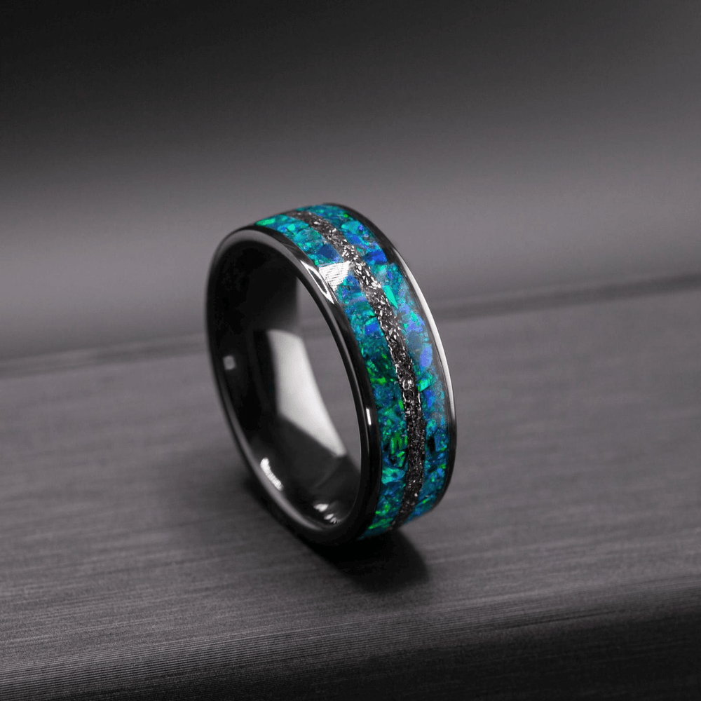 Black ceramic Campo del Cielo meteorite ring with blue opal inlay - mens handcrafted wedding band