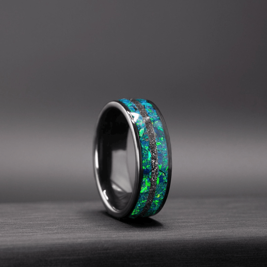 Men’s Wedding Band with Meteorite and Opal – Ceramic Galaxy Ring, Gift for Him - BerchJewelry