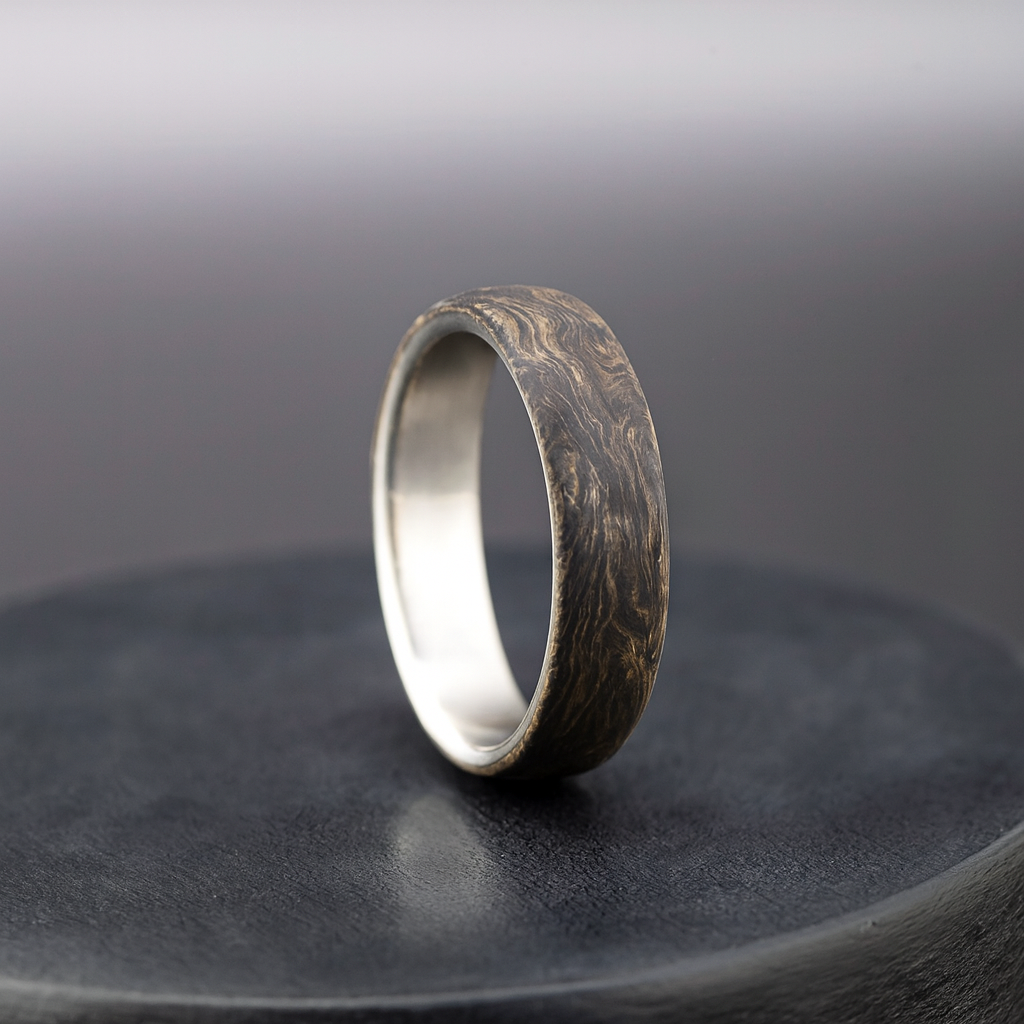 Elegant Titanium Ring with Gold Flakes & Carbon Fiber