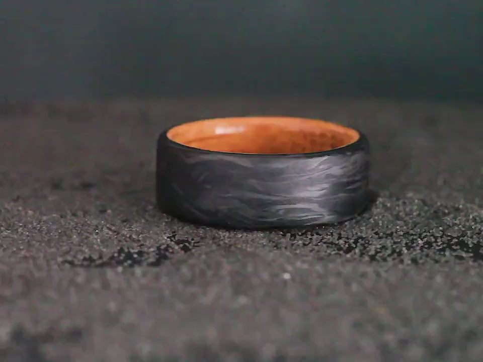 Whiskey Barrel Wedding Ring - Carbon Fiber Men's Band with Authentic Bourbon Cask Wood - Handcrafted