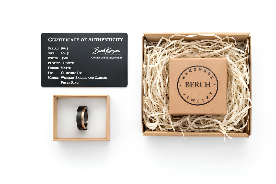 Premium wooden gift box with whiskey barrel carbon fiber wedding band