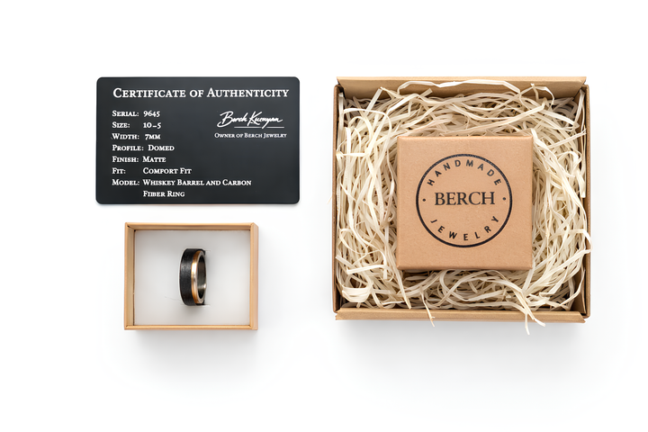 Premium wooden gift box with whiskey barrel carbon fiber wedding band