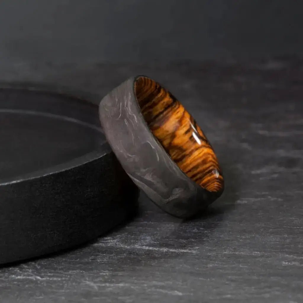 Forged Carbon Fiber and Bocote Wood Engagement Ring - BerchJewelry