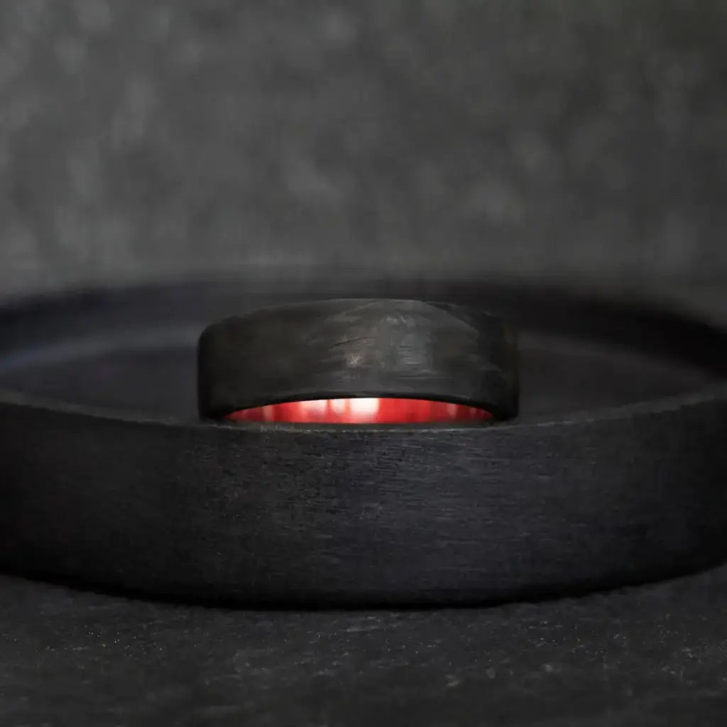 Forged Carbon Fiber and Redheart Wood Wedding Ring - BerchJewelry