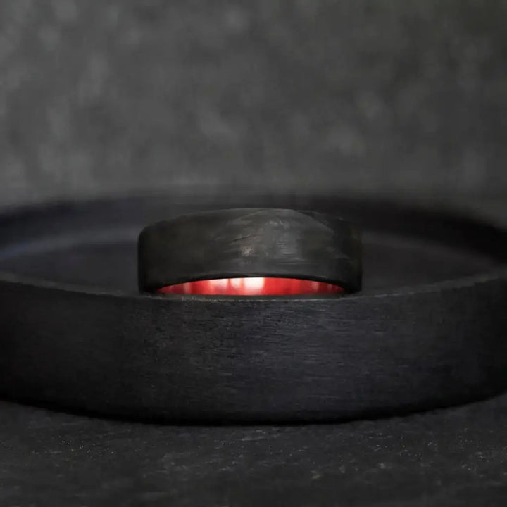Forged Carbon Fiber and Redheart Wood Wedding Ring - BerchJewelry