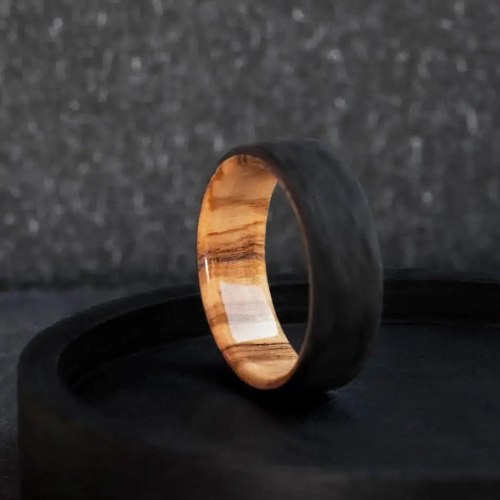 Handmade Carbon Fiber and Olive Wood Wedding Ring - BerchJewelry